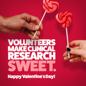 Volunteers make clinical research sweet, two hands holding heart shaped lollipops, happy valentines day, PCOS and fatty liver