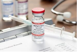 Medical glass bottle of hepatitis B vaccine.